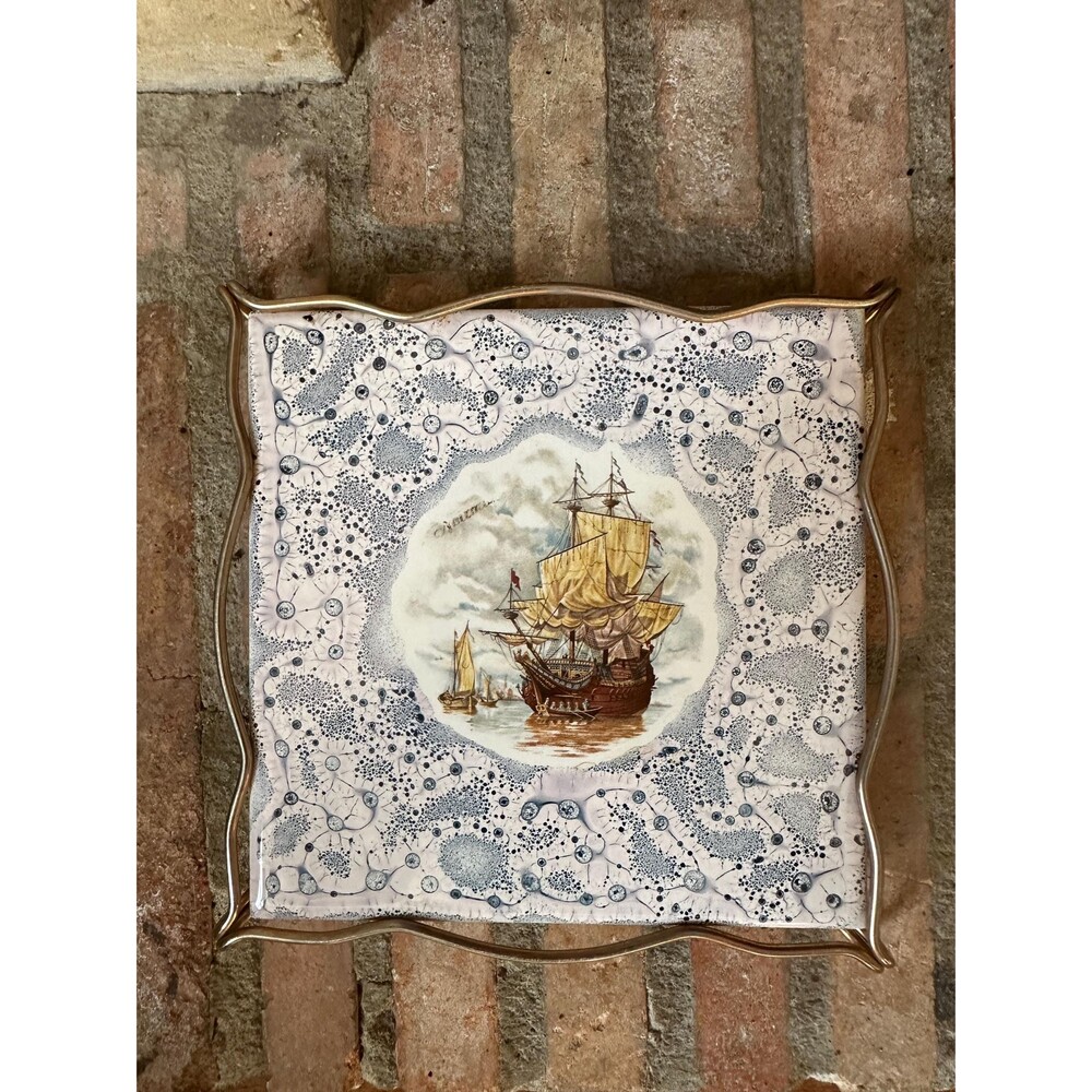 French Vintage Ceramic Trivet: A Nautical Sailing Ship Scene from Loire